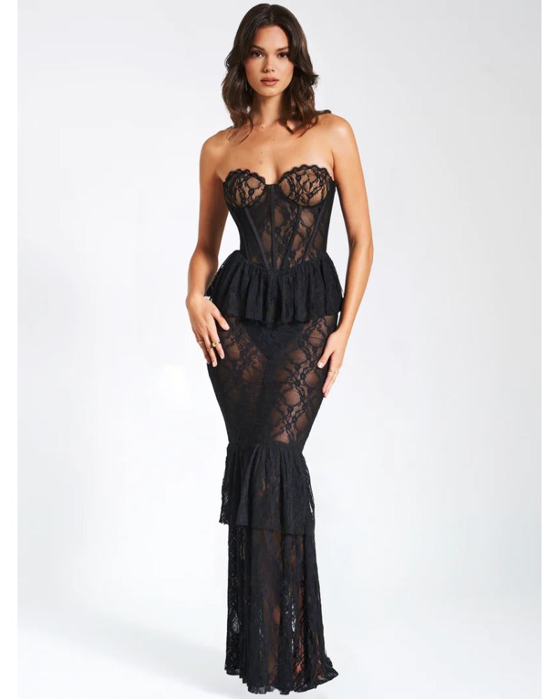 2024ss sexy strapless lace see-through dress
