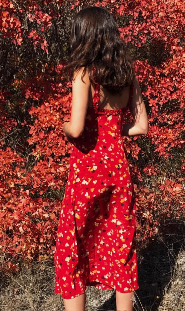 Red Floral Button Down Long Dress
