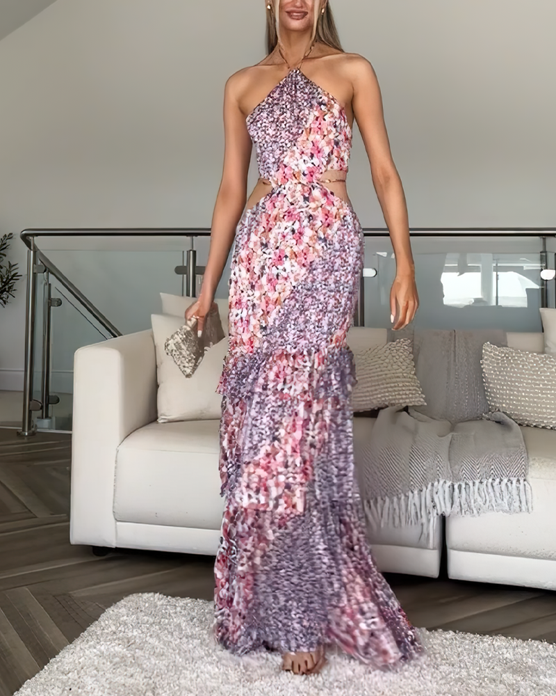 Holiday style floral print halter neck ethnic style sleeveless dress