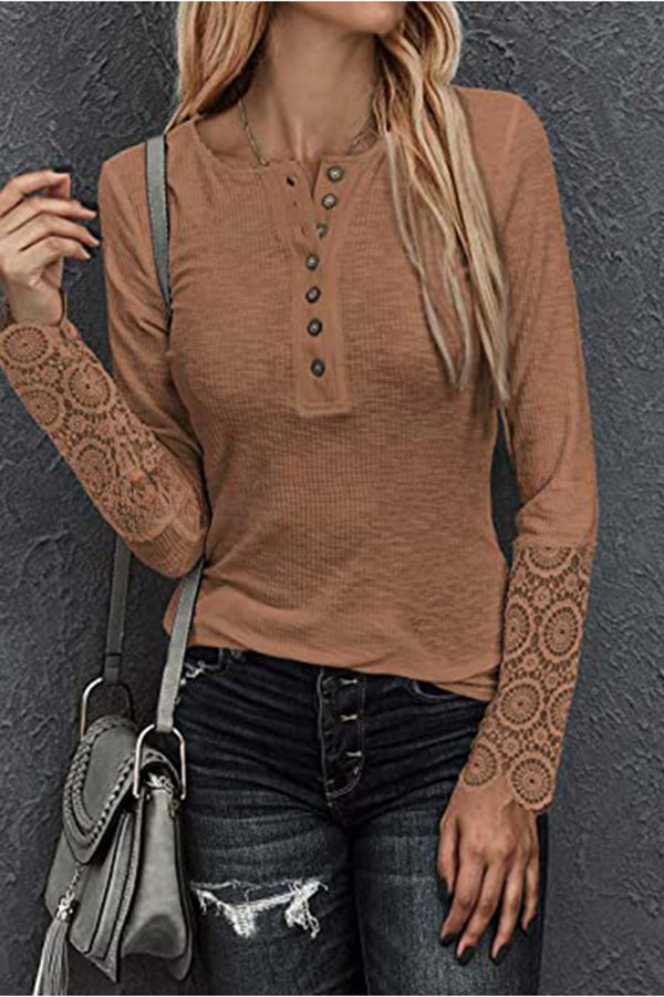 Solid Color Button Crochet Lace Long Sleeve Top