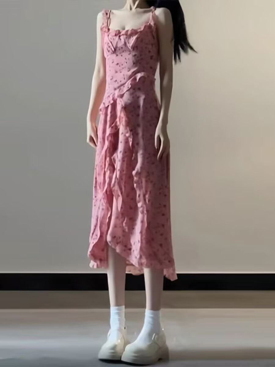 Rosa, ärmelloses Midikleid mit Blumenmuster und Stufen