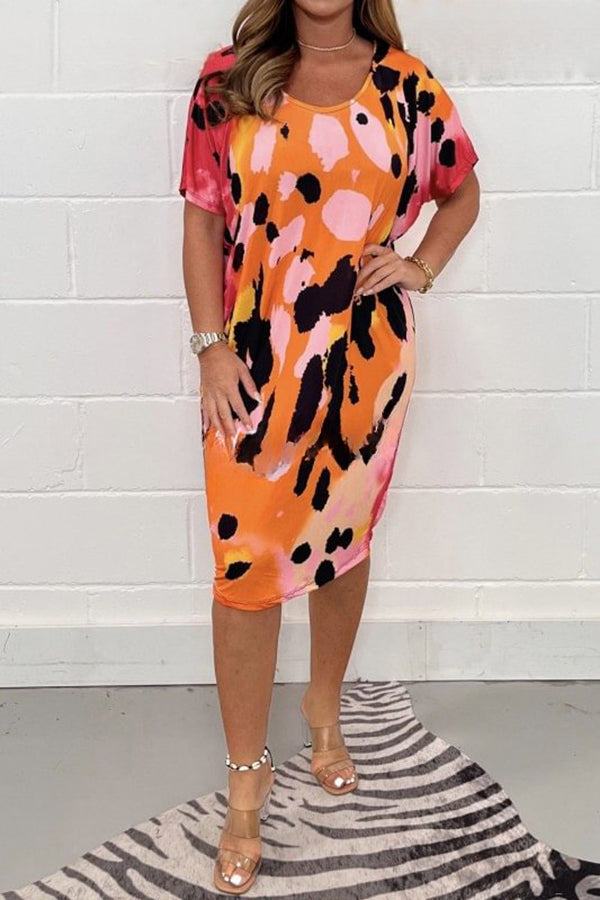Printed Crew Neck Oversized Multicolor T Bar Dress