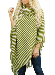 OBLIQUE STRIPED HIGH NECKED FRINGED CAPE SHAWL SWEATER