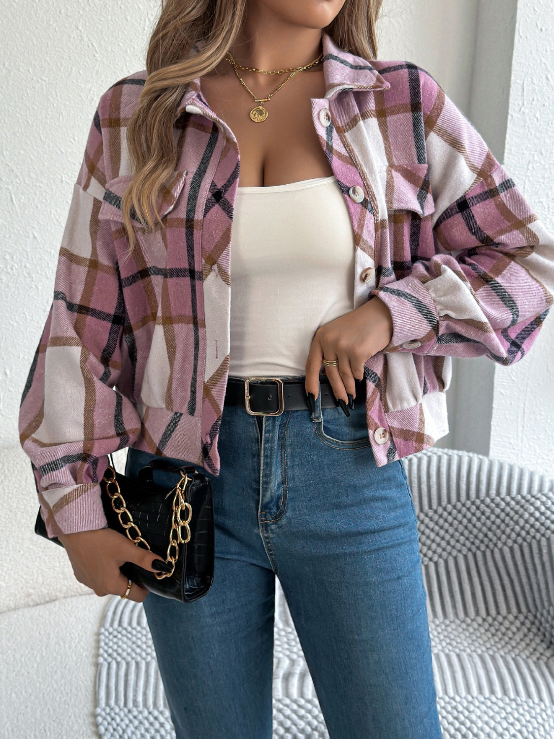 Karierte, langärmlige Jacke mit Knöpfen