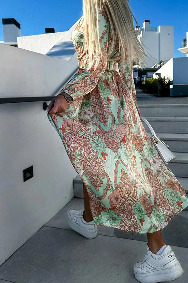 Paisley Print V Neck Long Sleeve Slit Slim Fit Dress