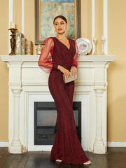 V-Neck Pleated Lantern Sleeve Long Sleeve Jumpsuits RM20545