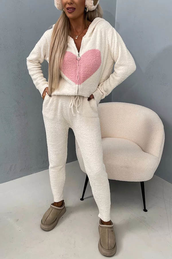 Listen To Your Heart Printed Plush Zipper Hooded Lounge Coat