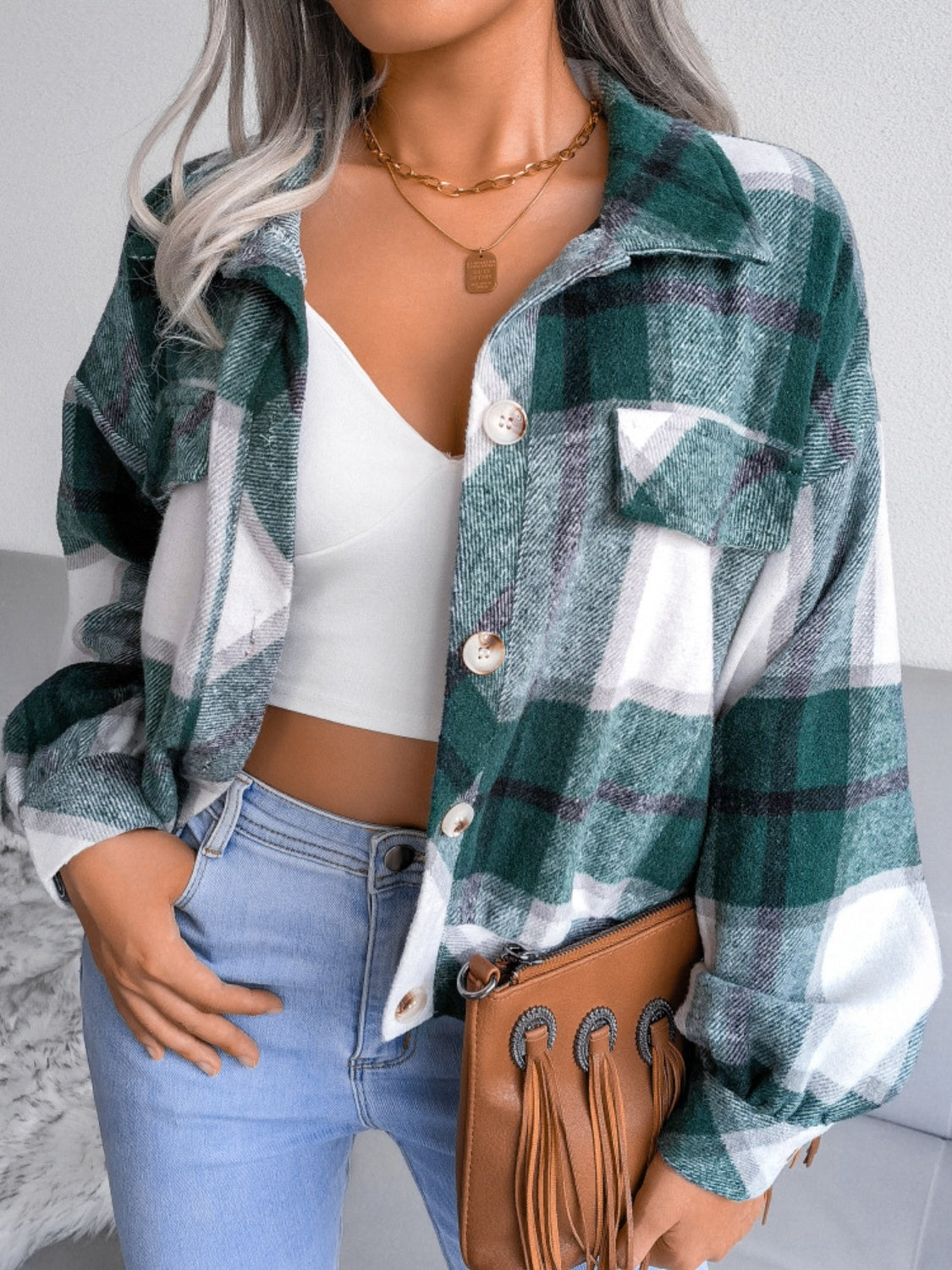 Karierte Jacke mit Kragen und langen Ärmeln