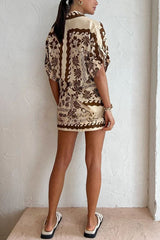 Embrace Hot Nights Linen Blend Ethnic Print Button Shirt and Knotted Waist Mini Skirt Set