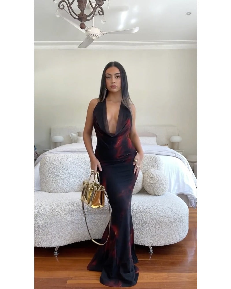 2024ss sexy halter neck deep V halter dress