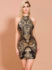 Halterneck Damask Sequin Bodycon Mini Dress FT19757