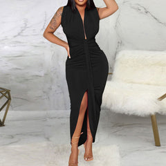 Black Sexy Solid Patchwork Asymmetrical V Neck Irregular Dress Dresses