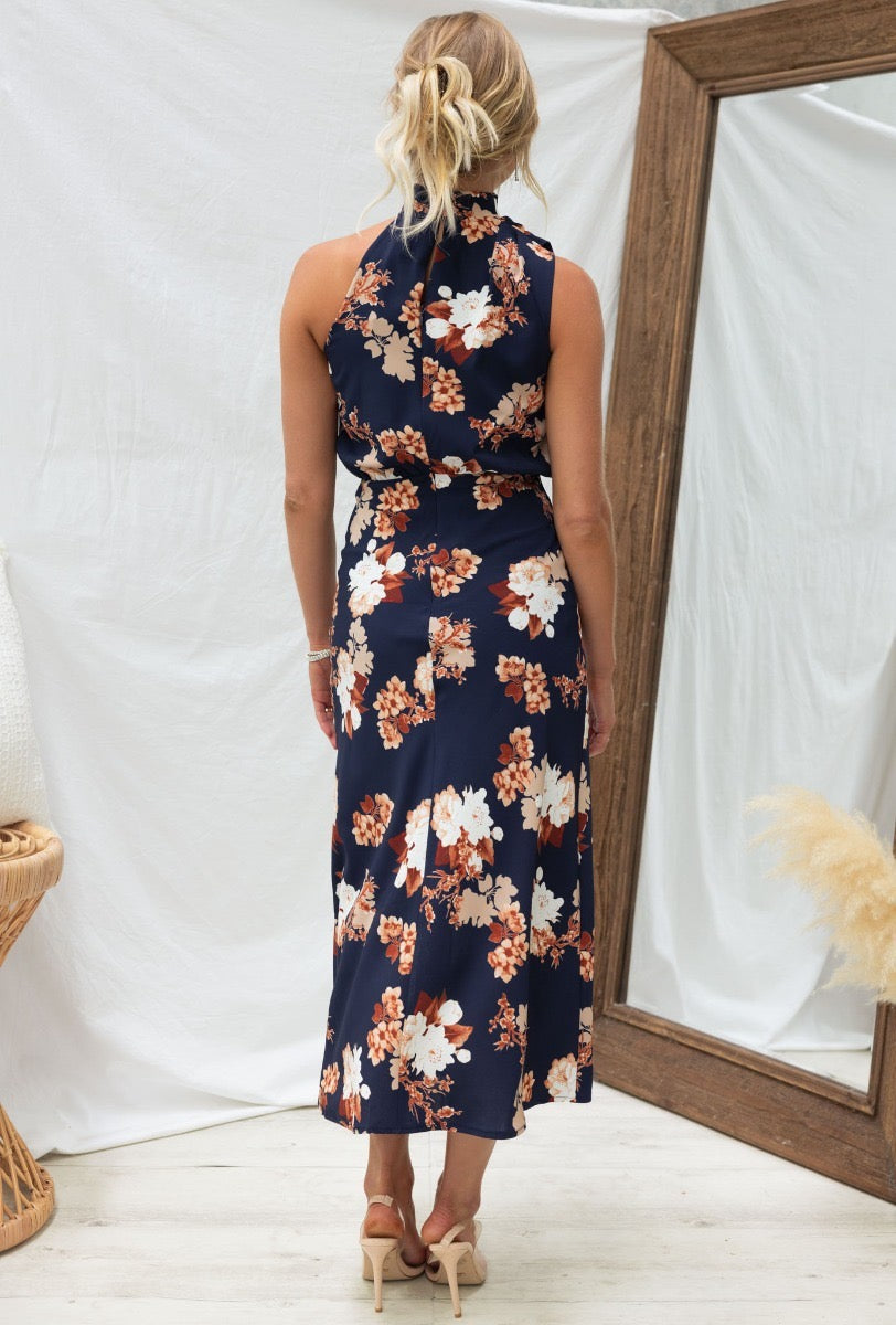 Green Floral Satin Midi Dress