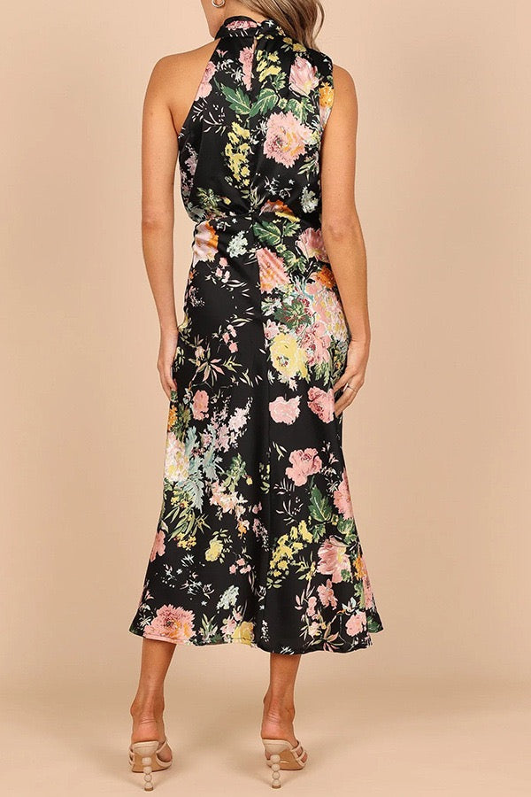 Green Floral Satin Midi Dress