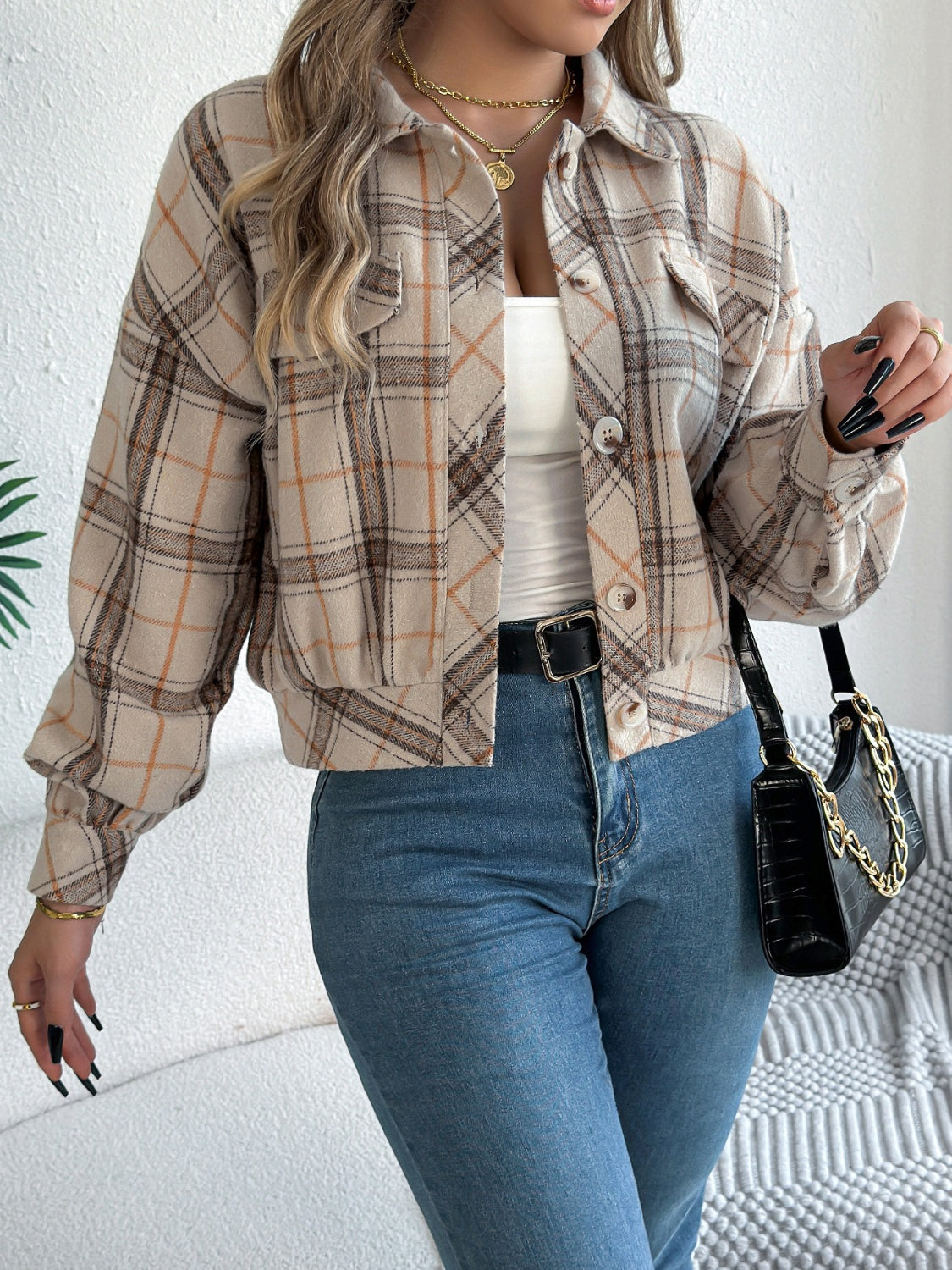 Karierte, langärmlige Jacke mit Knöpfen