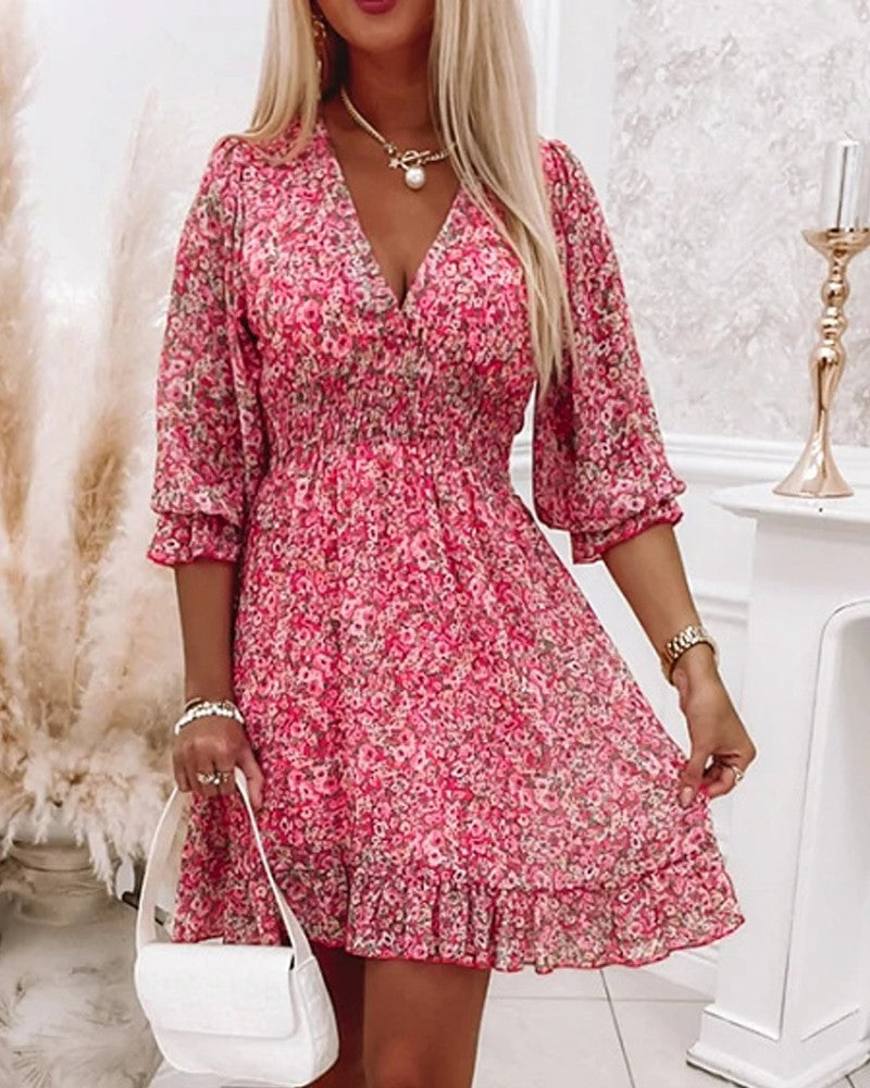 Ditsy Floral Print Puff Sleeve Ruffle Hem Shirred Dress