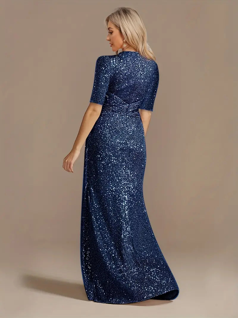 Royal Blue Twist Sequin Short Sleeve Party Prom Dress