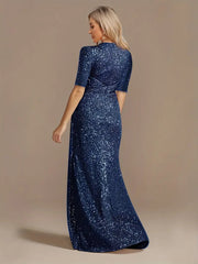 Royal Blue Twist Sequin Short Sleeve Party Prom Dress