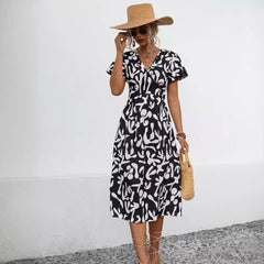 Orange Floral Surplice Midi Dress