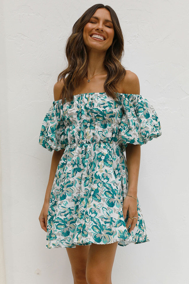 Green Floral Off Shoulder Bandeau Dress