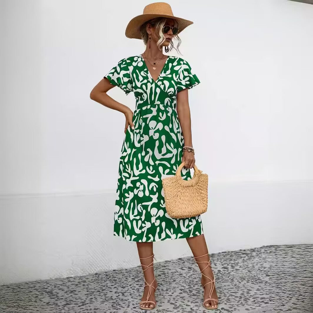 Orange Floral Surplice Midi Dress