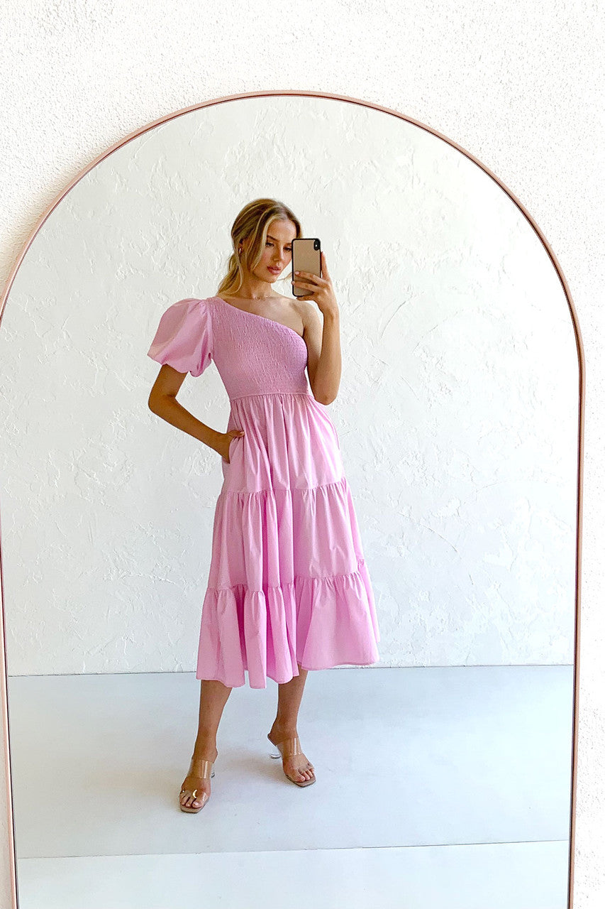 Pink One Shoulder Midi Dress