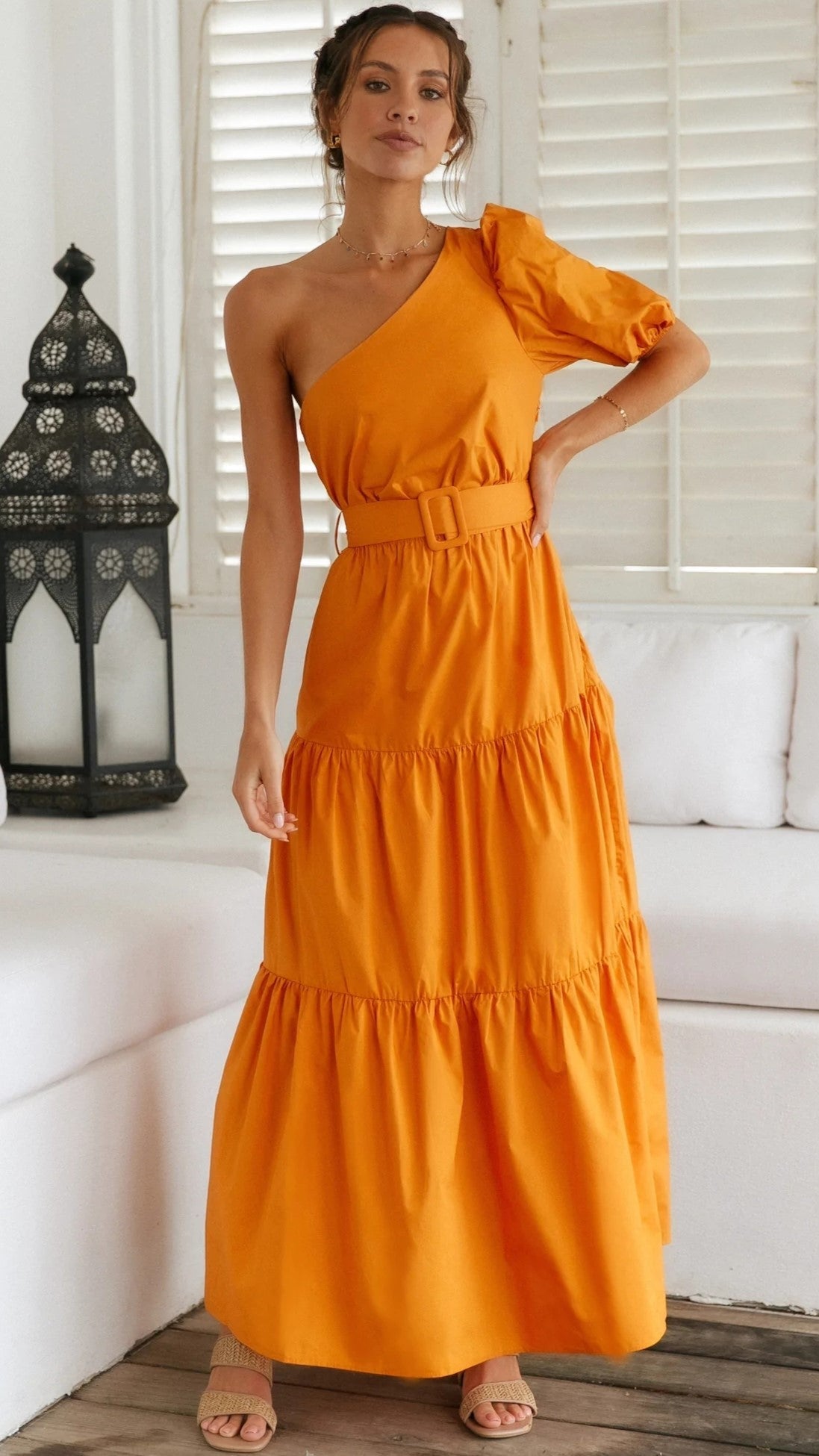 Orange One Shoulder Midi Dress