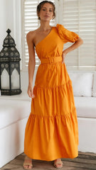 Orange One Shoulder Midi Dress
