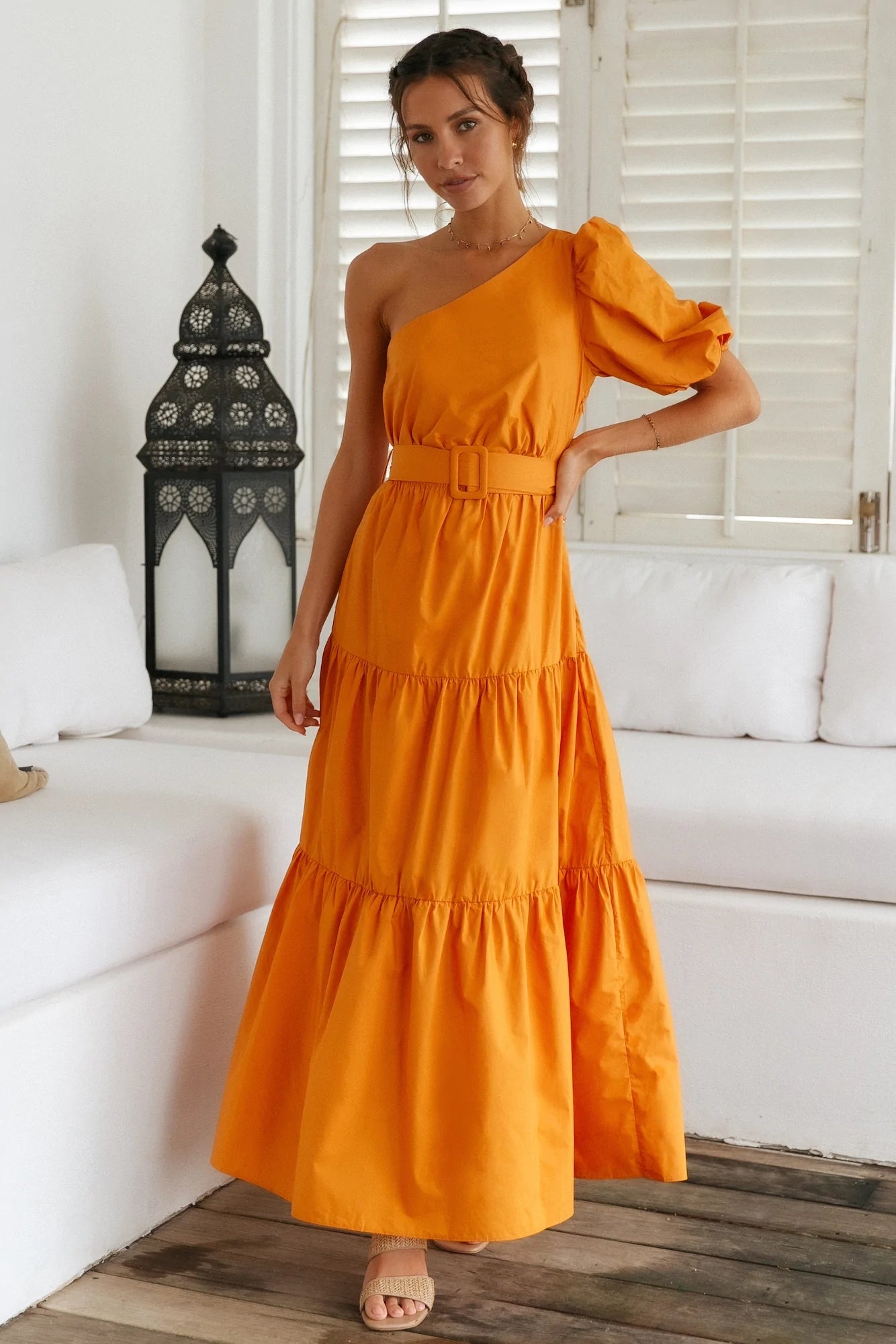 Orange One Shoulder Midi Dress