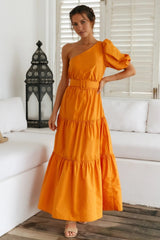 Orange One Shoulder Midi Dress