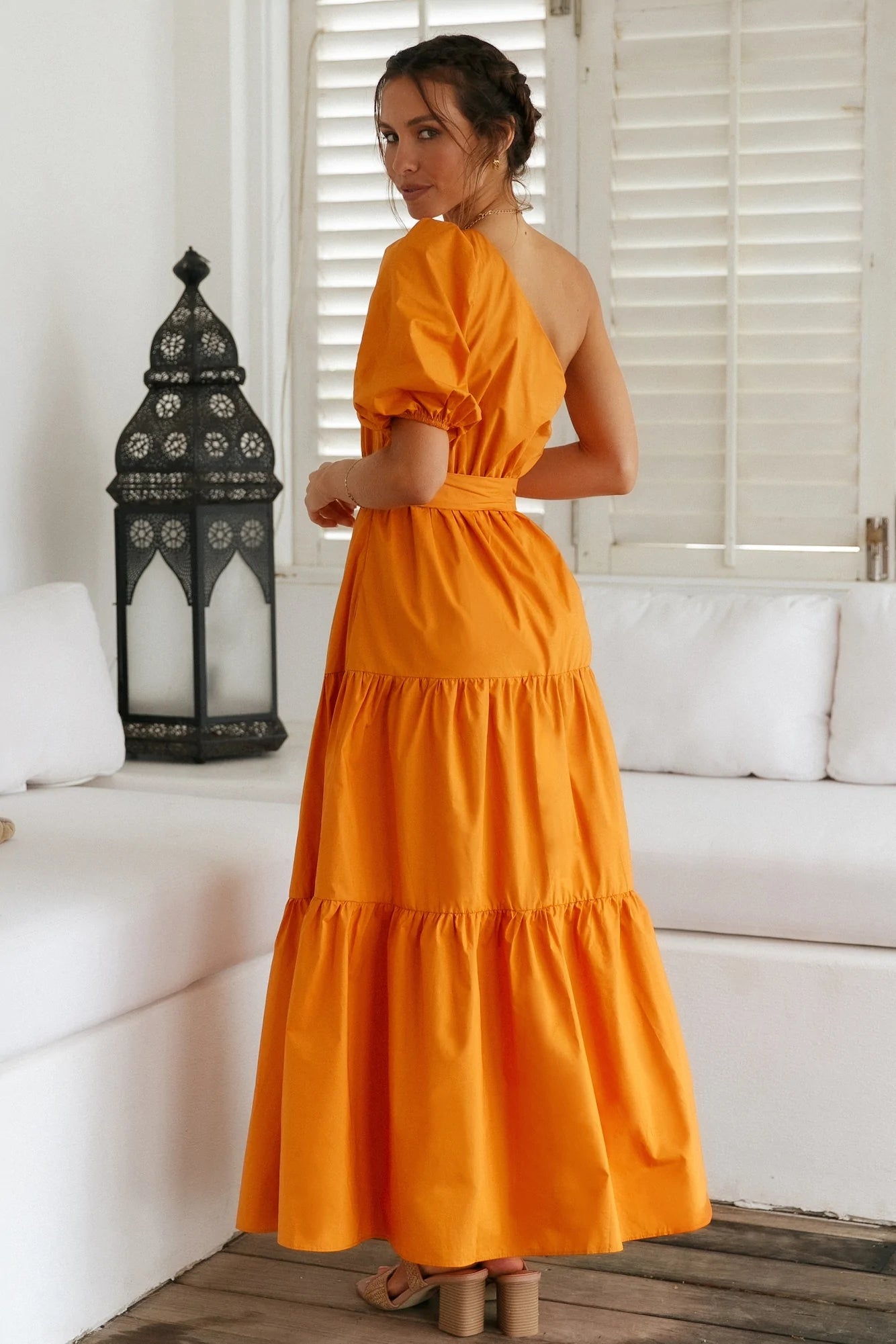 Orange One Shoulder Midi Dress