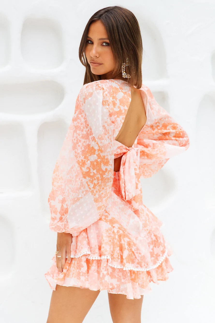 Peach Floral Long Sleeves Mini Dress