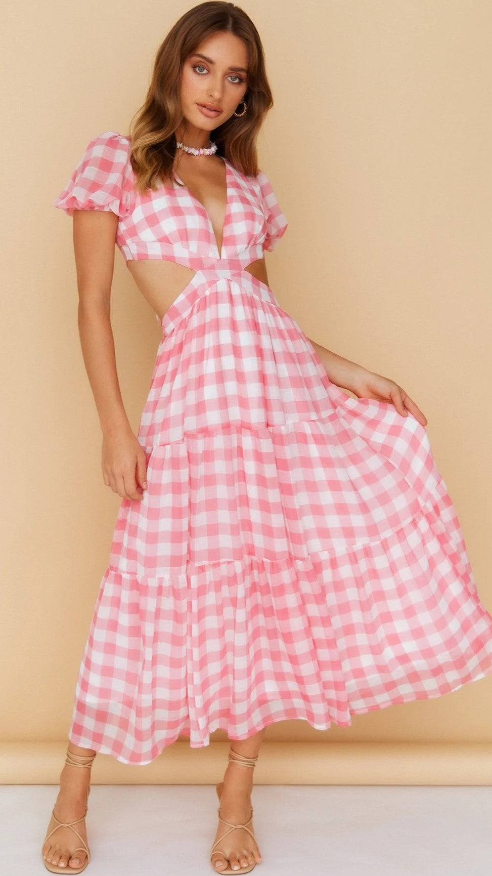 Pink Gingham Open Back Midi Dress