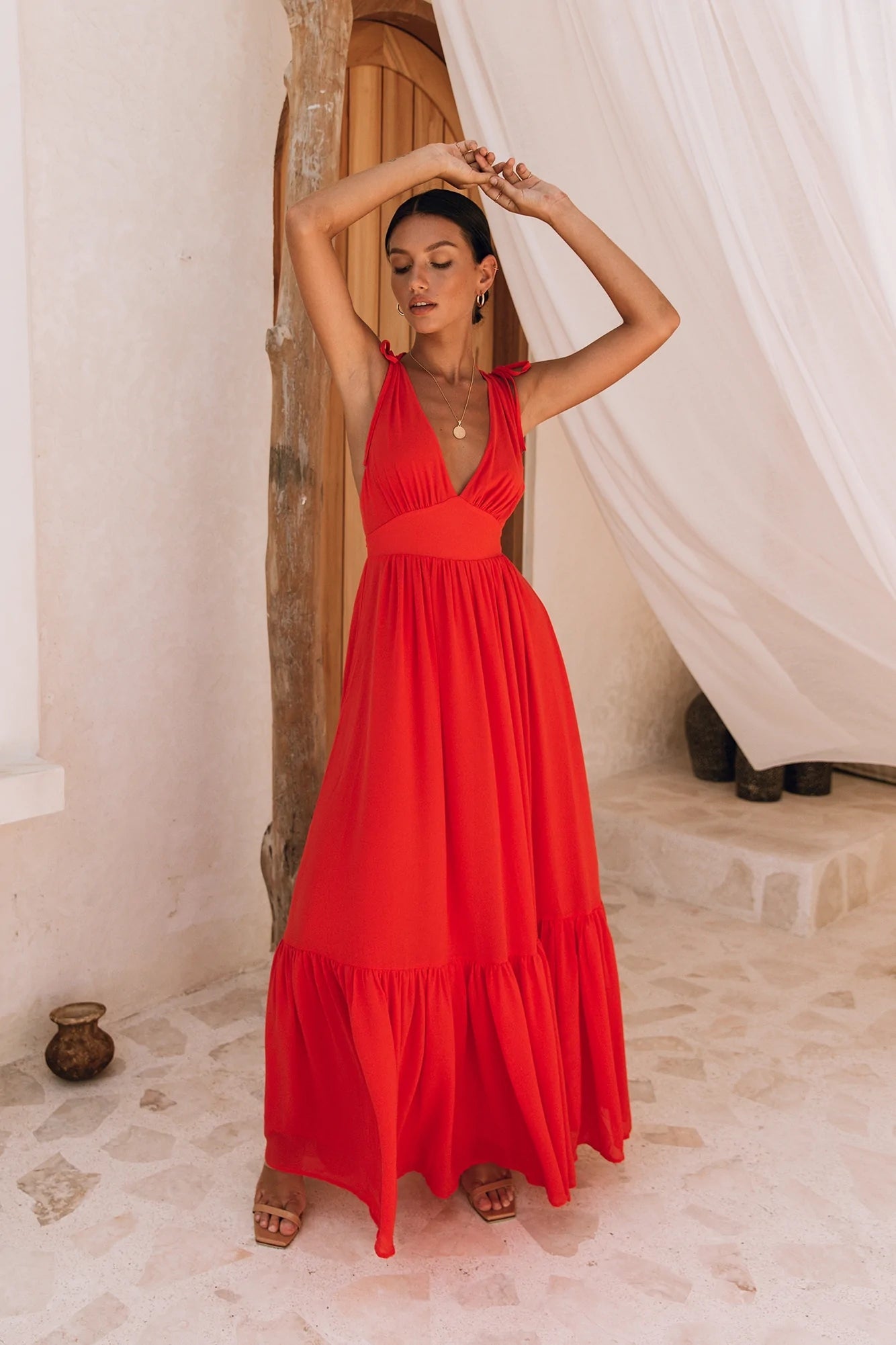 Red Plunging Neckline Maxi Dress