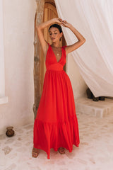 Red Plunging Neckline Maxi Dress