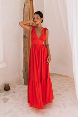 Red Plunging Neckline Maxi Dress