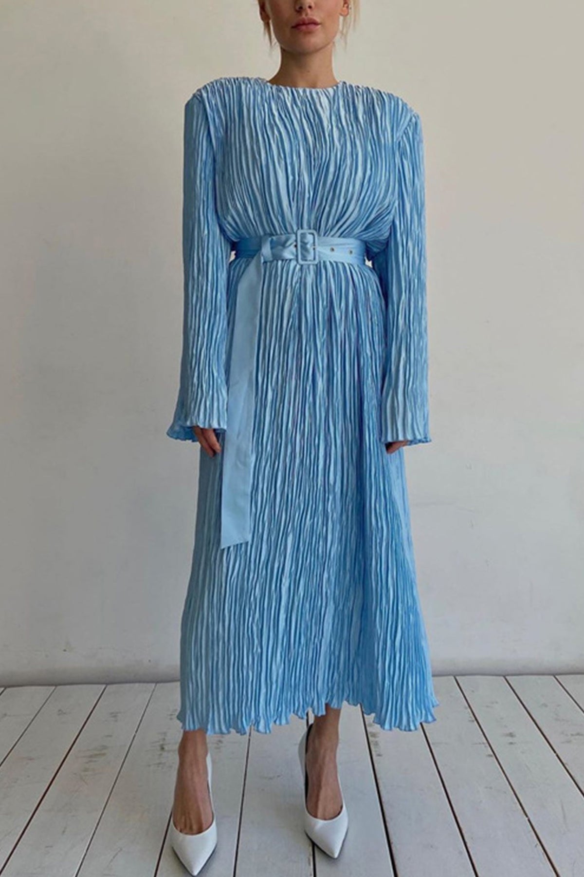 Blue Belt Waisted Pleated Midi Dress