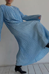 Blue Belt Waisted Pleated Midi Dress