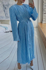 Blue Belt Waisted Pleated Midi Dress
