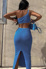 Blue One Shoulder Cutout Slit Back Dress