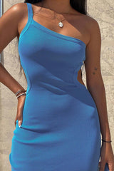 Blue One Shoulder Cutout Slit Back Dress
