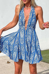 Blue Printed Halter Backless Dress
