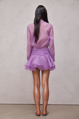 Brinley Ruched Ruffle Mini Dress In Purple