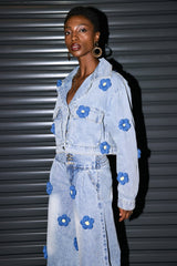 Cachet Flower Pocket Lapel Denim Jacket