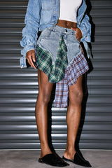 Charvi Grid Ruffle Patchwork Short Skirt
