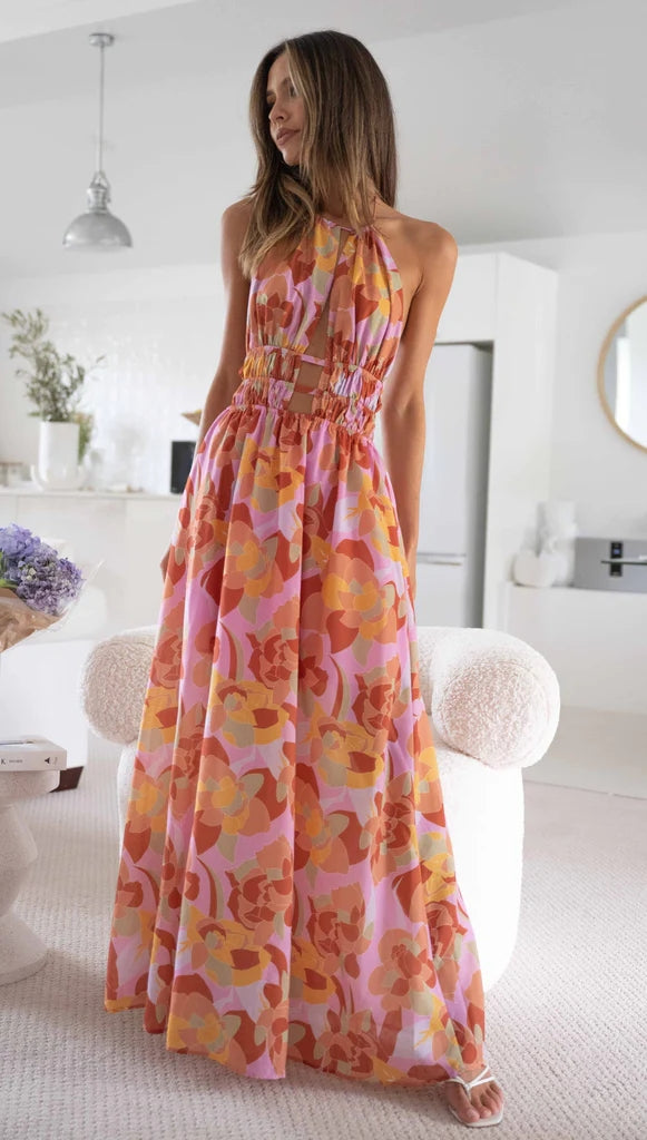 Pink Floral Halter Maxi Dress