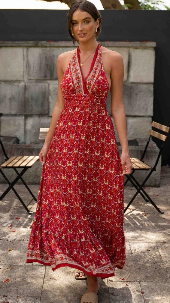 Boho Burgundy Floral Halter Maxi Dress
