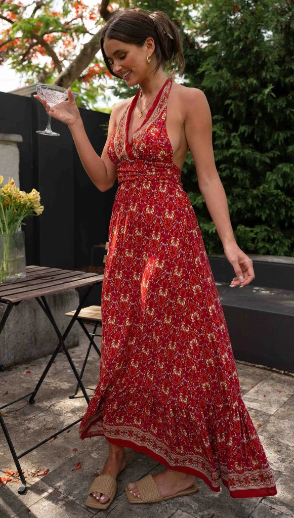 Boho Burgundy Floral Halter Maxi Dress