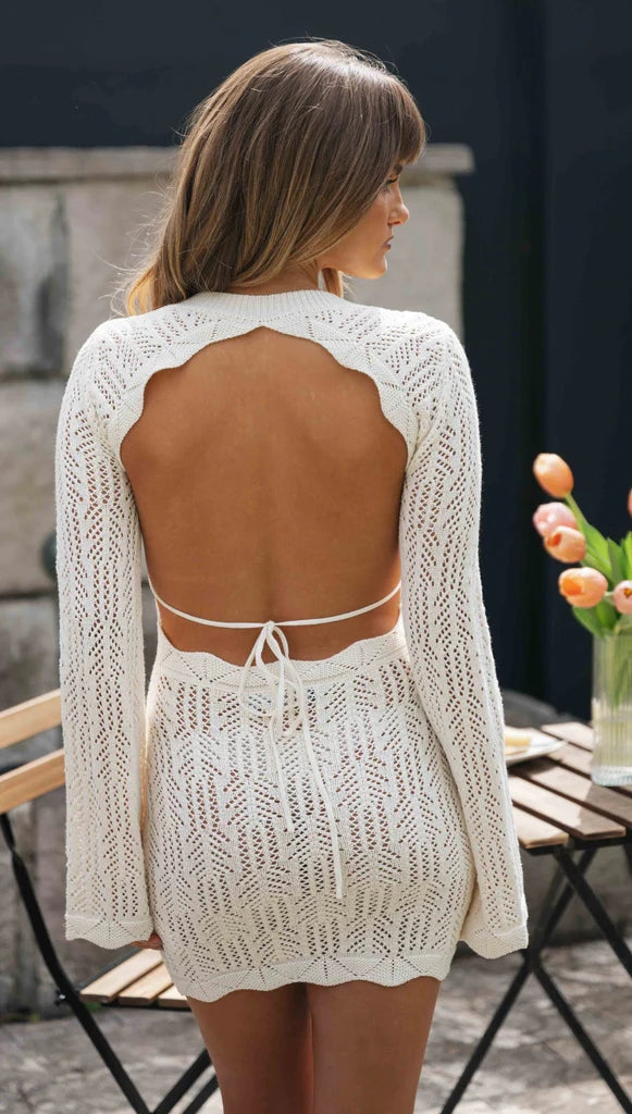 Cream Croceht Knit Backless Mini Dress