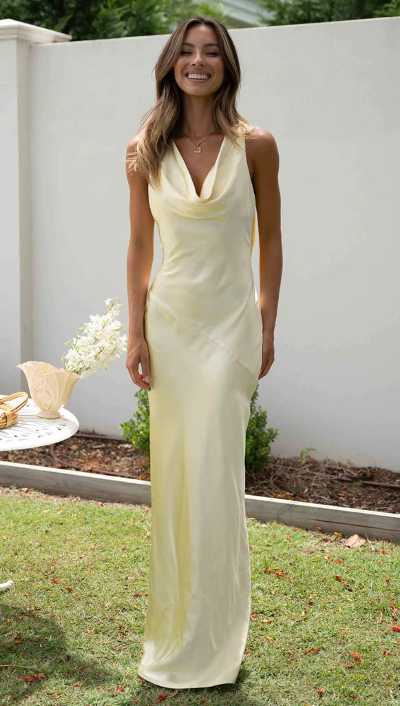 Lemon Backless Halter Maxi Dress